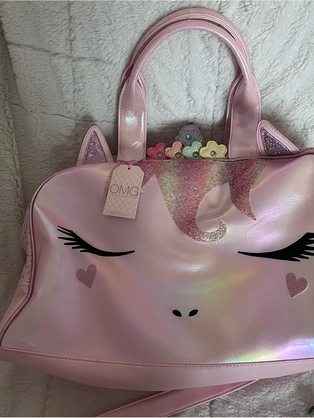 Pink Unicorn Tote Bag with Glitter Mane and Hearts